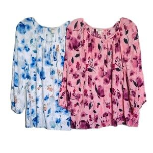 Lot of 2 Style Co Plus Sz 2X Floral-Print Blue White/Pink Multi 3/4 Sleeves Top